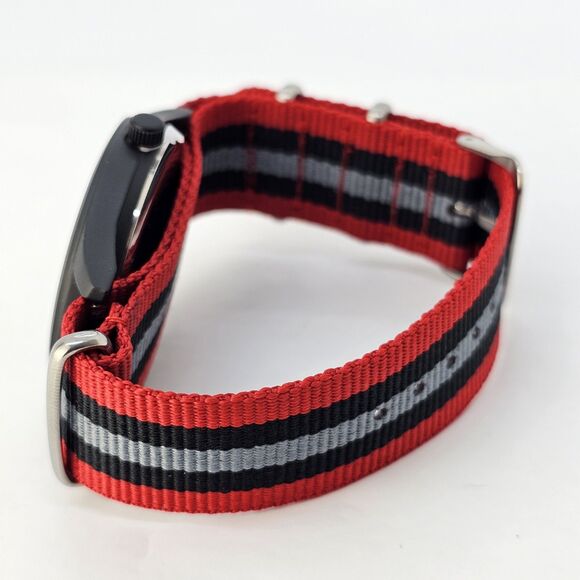 Field Men's Watch 42MM Black Case Black Dial Red Black Gray Canvas Band Strap - Picture 7 of 12